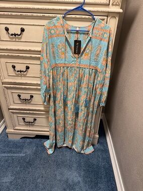 Boho Floral Maxi Dress in Turquoise and Peach  NWT Large